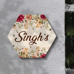 Hexagon Floral Wooden Nameplate | Personalized