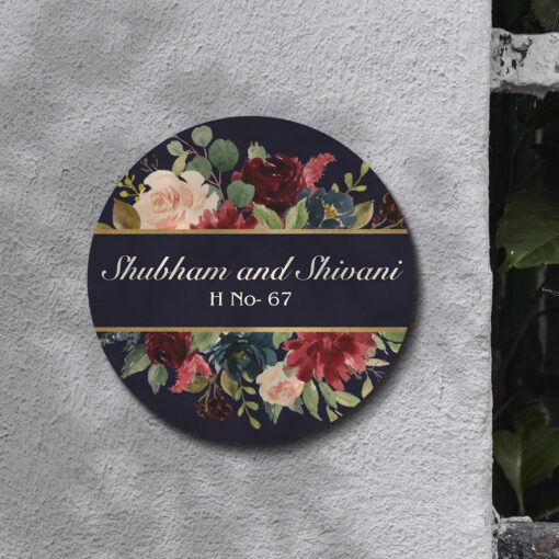 Dark Floral Circle Wooden Nameplate | Personalized | 12x12 Inch