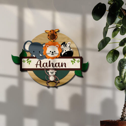 Kids Circular Animal Theme | 3D Wooden Name Plate - Image 2