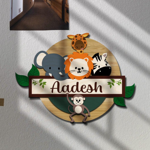 Kids Circular Animal Theme | 3D Wooden Name Plate - Image 3