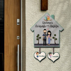 Personalized | Hut Design Name Plate With Two Kids | Wooden Name Plate
