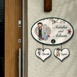 Personalized | Muslim Couple Theme Wooden Nameplate with Two Kid