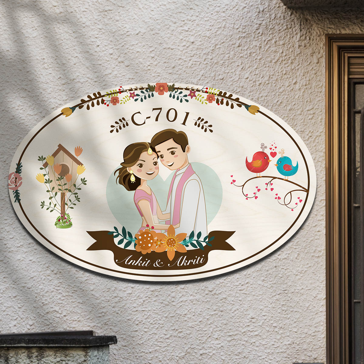 Couple Theme Oval Wooden Nameplate | Personalized