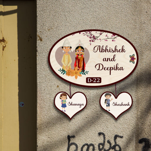 Personalized | Bengali Couple with Two Kid Theme | Wooden Nameplate - Image 4