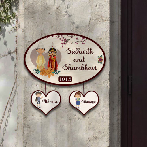 Personalized | Bengali Couple with Two Kid Theme | Wooden Nameplate - Image 5