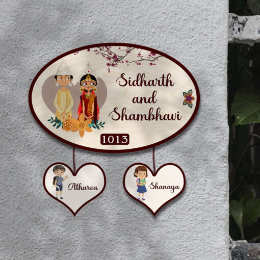 Personalized | Bengali Couple with Two Kid Theme | Wooden Nameplate - Image 6