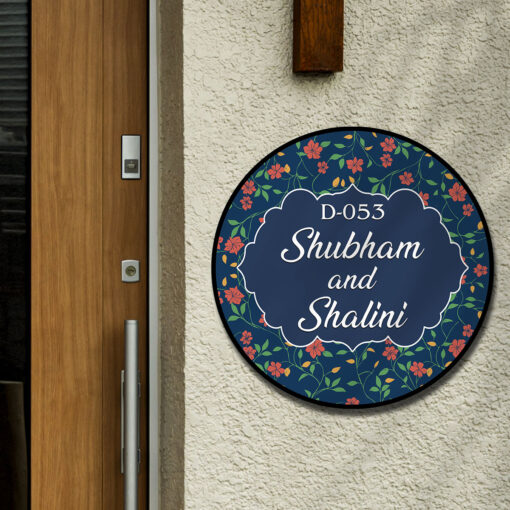 Personalized | Dark Floral Circle Wooden 3d Name Plate for House