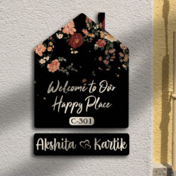 Dark Floral Nameplate in Hut Shape | Personalized