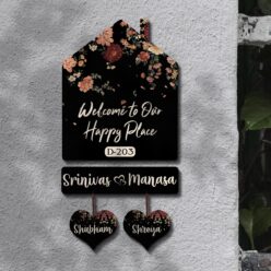 Personalized | Dark Floral Theme Hut Style Wooden Name Plate with  Two Kid