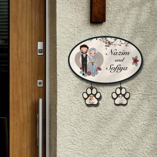 Muslim Couple Name Plate with Pets | Personalized - Image 4